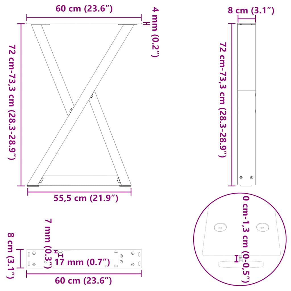 Gambe per Tavolo da Pranzo 2 pz Nero 60x(72-73,3) cm in Acciaio - homemem39