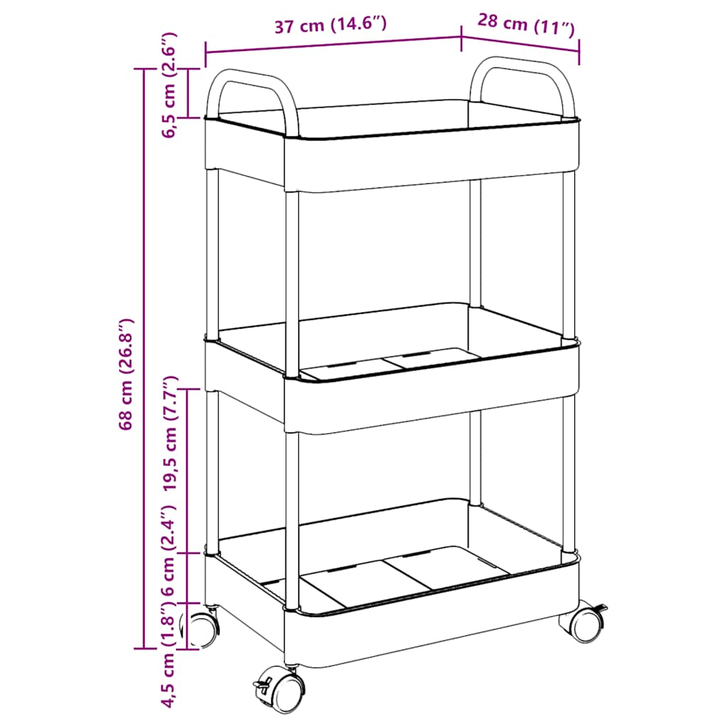 Carrello Portaoggetti a 3 Livelli 37x28x68 cm in Acrilico