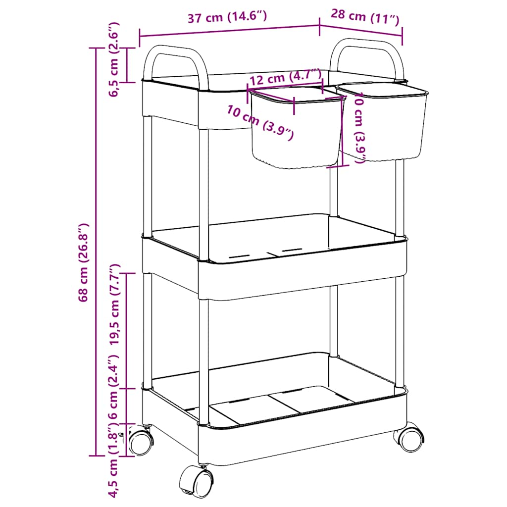 Carrello Portaoggetti a 3 Livelli 37x28x68 cm in Acrilico