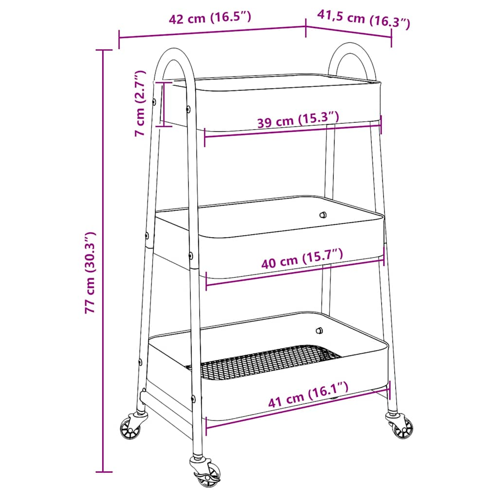 Carrello Portaoggetti a 3 Ripiani Nero 42x41,5x77 cm in Acciaio