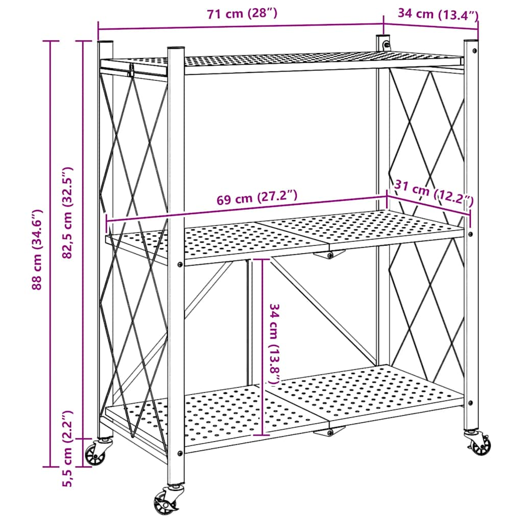 Scaffale Portaoggetti su Ruote Nero 71x34x88 cm in Acciaio