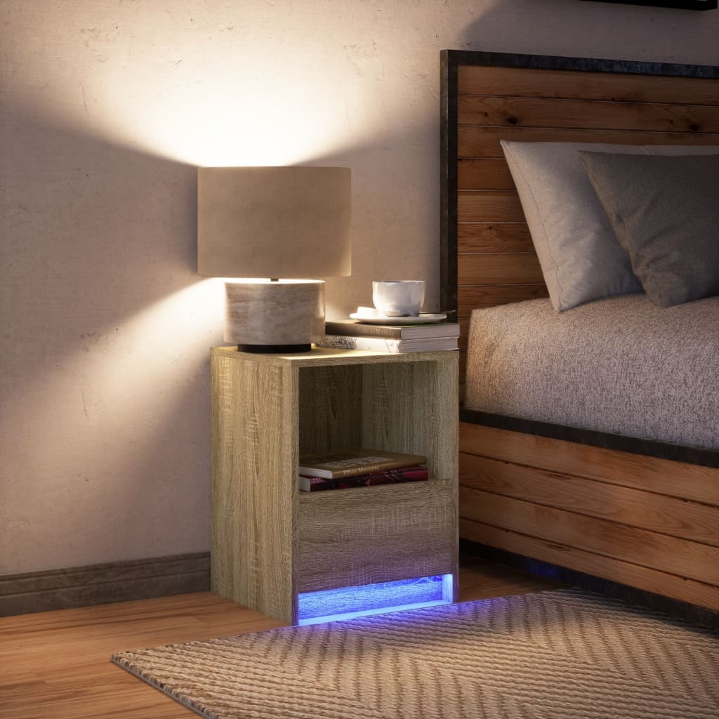 Comodino con Luci LED Rovere Sonoma in Legno Multistrato - homemem39