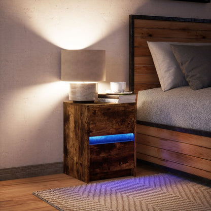 Comodino con Luci LED Rovere Fumo in Legno Multistrato - homemem39