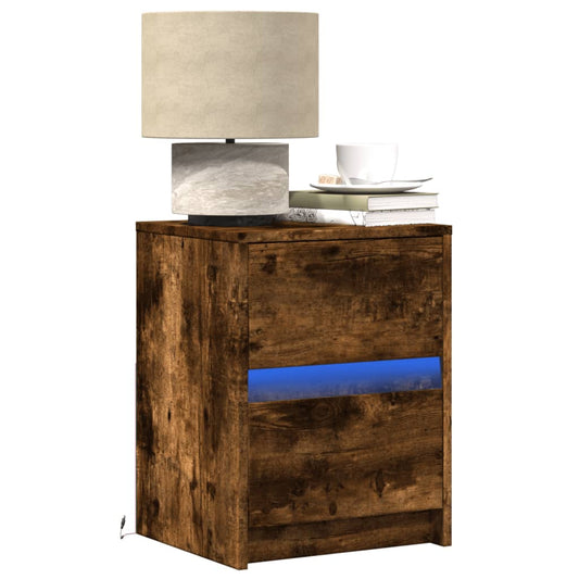 Comodino con Luci LED Rovere Fumo in Legno Multistrato - homemem39