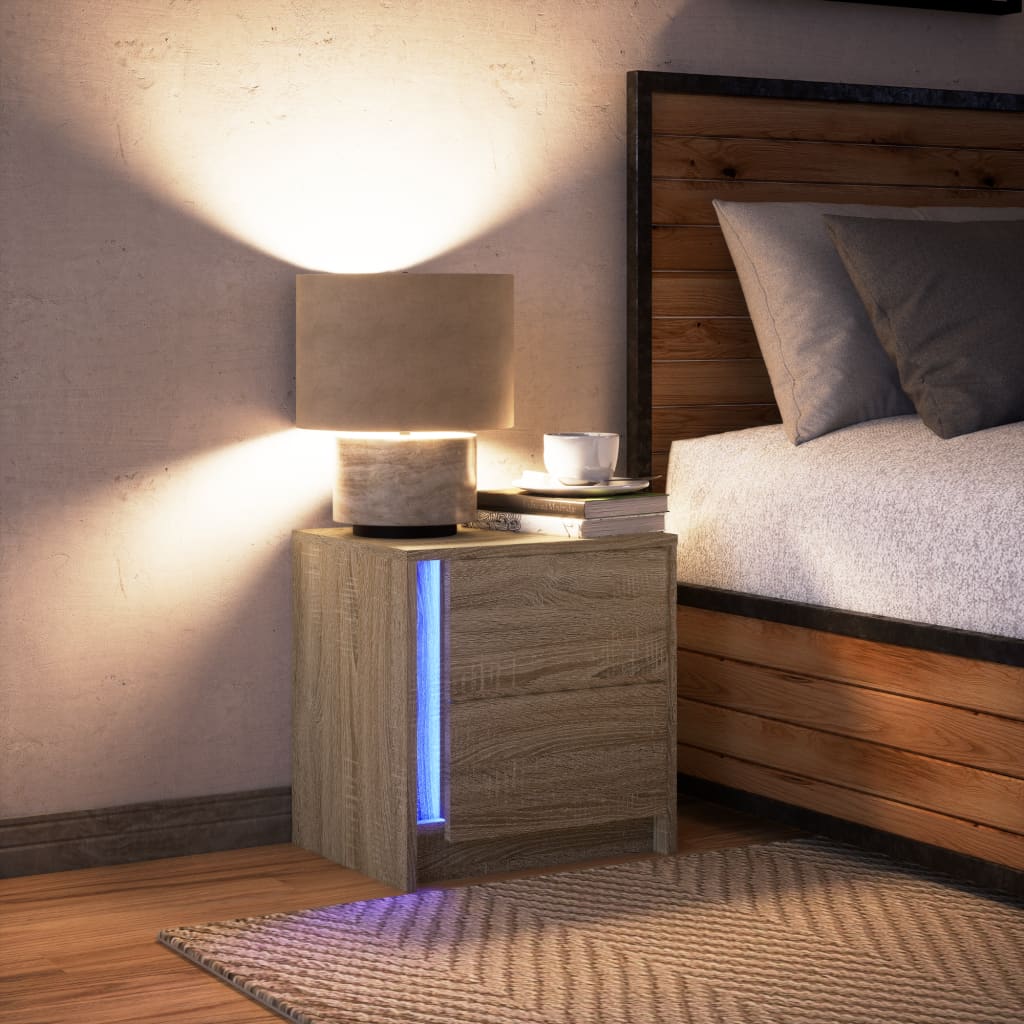 Comodino con Luci LED Rovere Sonoma in Legno Multistrato - homemem39