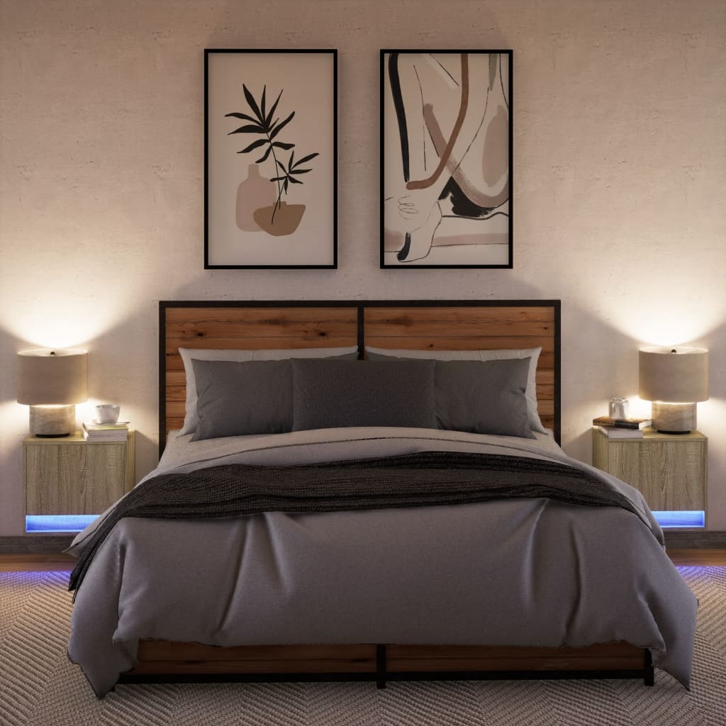 Comodini a Parete con luci LED 2 pz Rovere Sonoma - homemem39