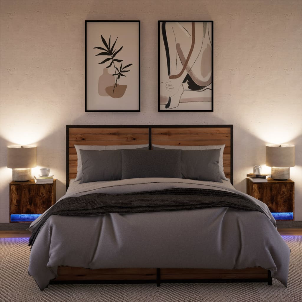 Comodini a Parete con luci LED 2 pz Rovere Fumo - homemem39