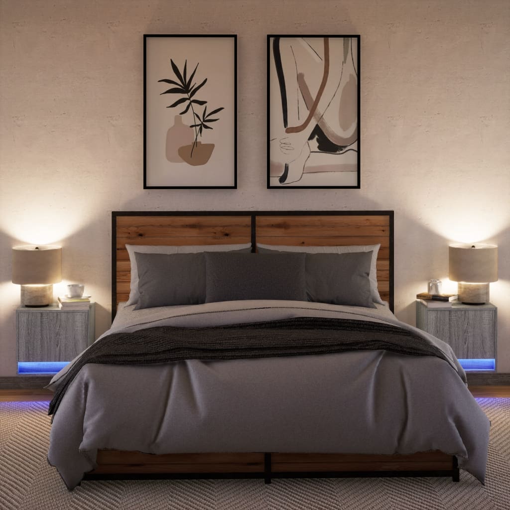 Comodini a Parete con luci LED 2 pz Grigio Sonoma - homemem39