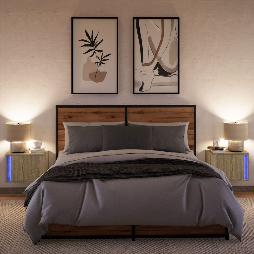 Comodini a Parete con luci LED 2 pz Rovere Sonoma - homemem39