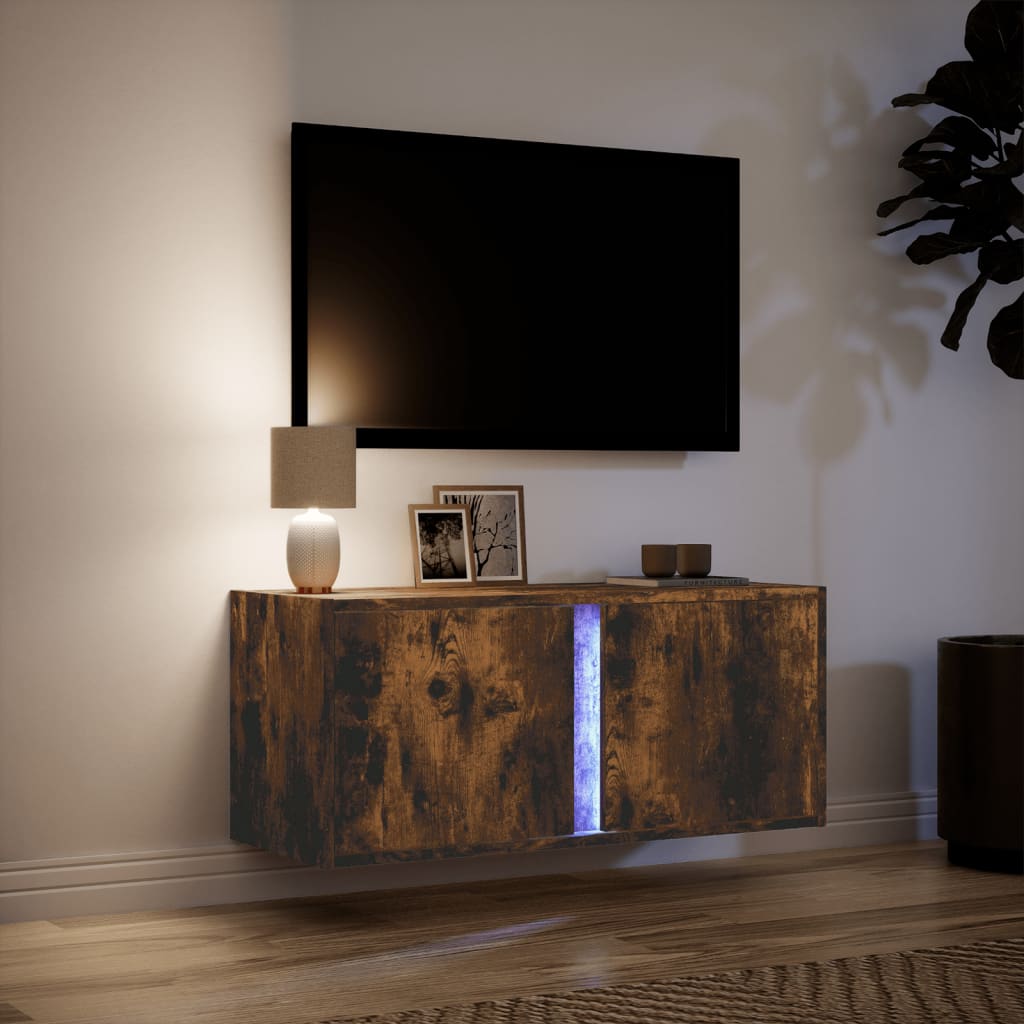 Mobile TV a Parete con Luci LED Rovere Fumo 80x31x35 cm - homemem39