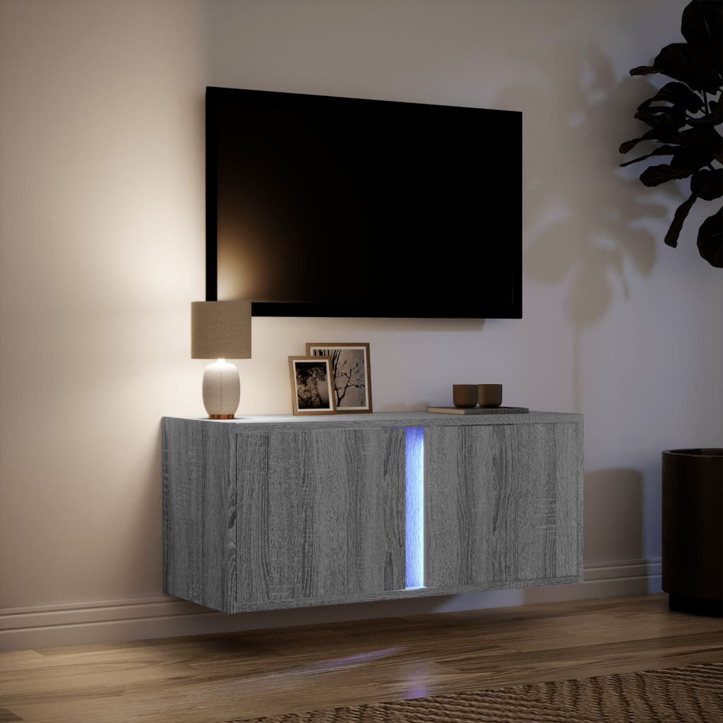 Mobile TV a Parete con Luci LED Grigio Sonoma 80x31x35 cm - homemem39