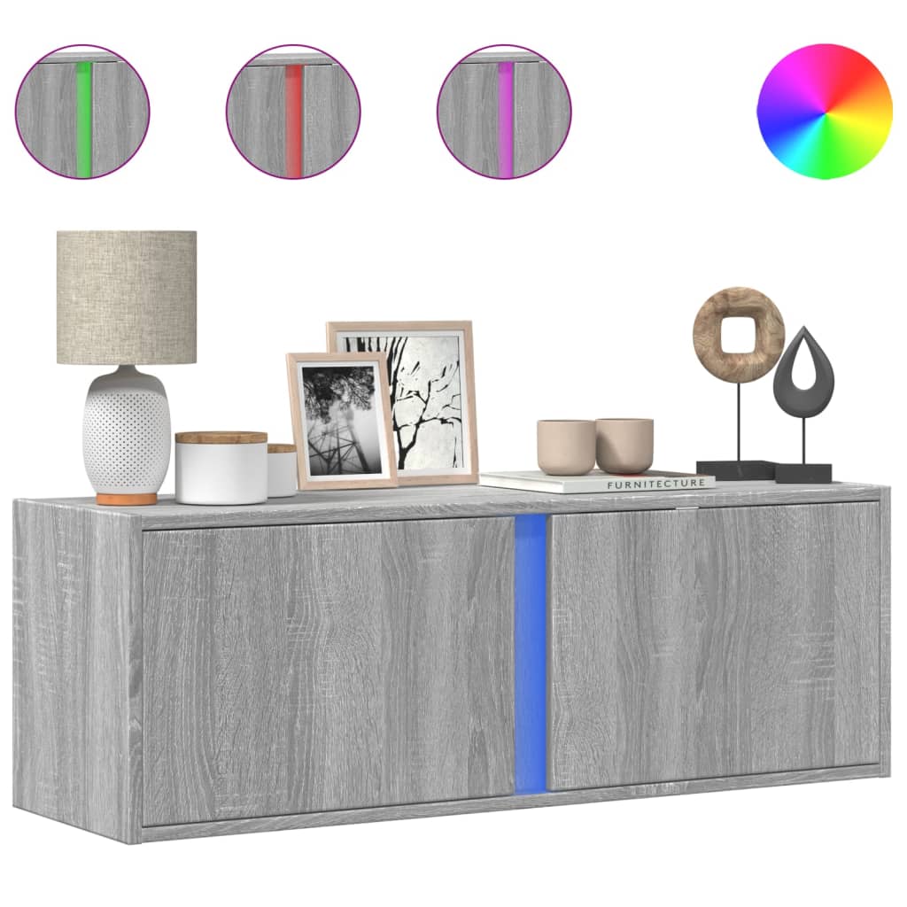 Mobile TV a Parete con Luci LED Grigio Sonoma 100x31x35 cm | homemem39