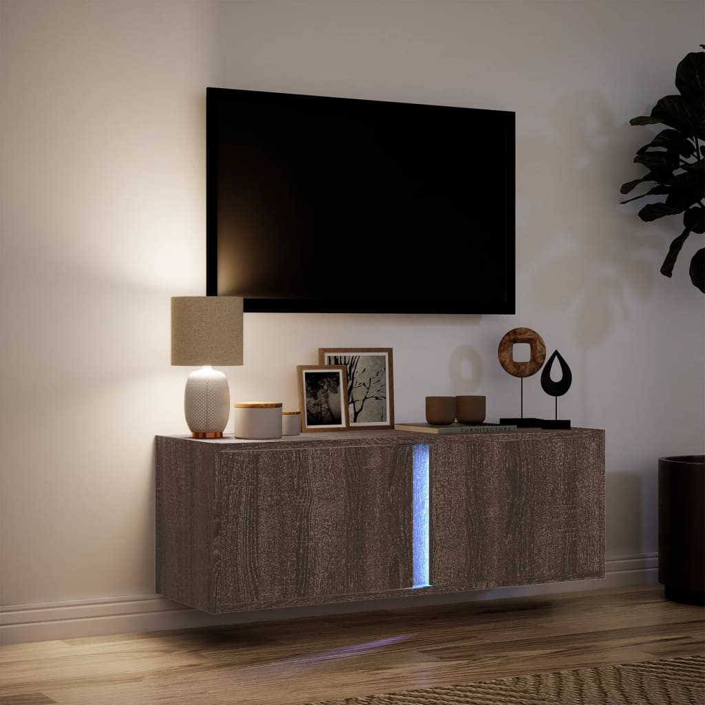 Mobile TV a Parete con Luci LED Rovere Marrone 100x31x35 cm