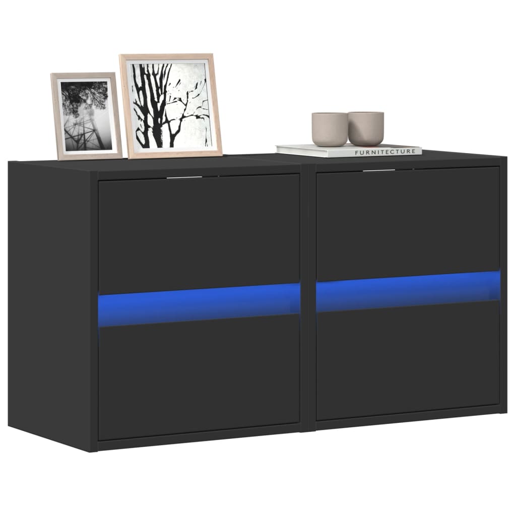 Mobili TV a Parete con Luci LED 2pz Neri
