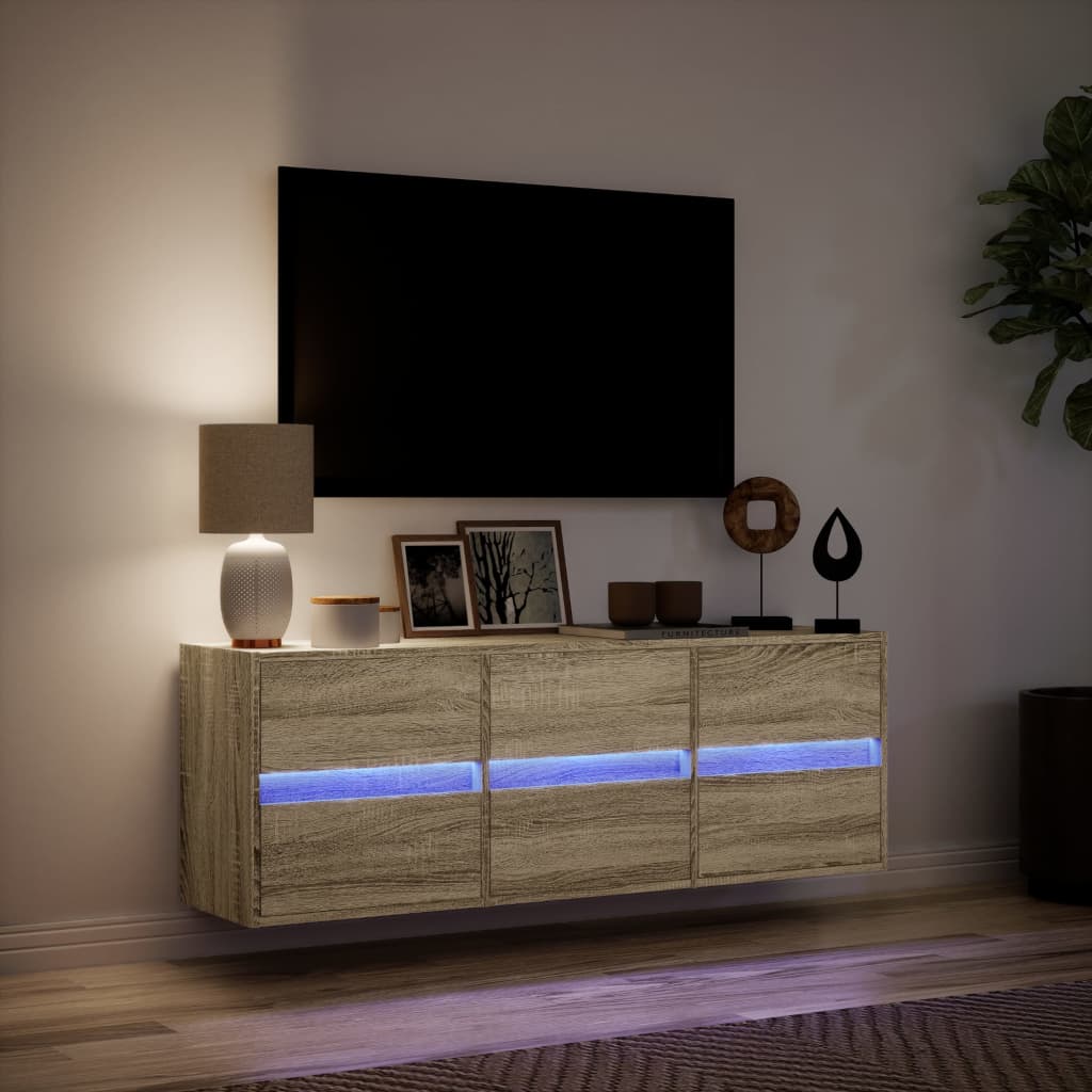 Mobile TV a Parete con Luci LED Rovere Sonoma 130x31x45 cm - homemem39
