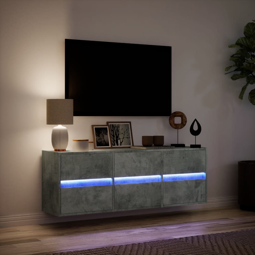 Mobile TV a Parete con Luci LED Grigio Cemento 130x31x45 cm - homemem39