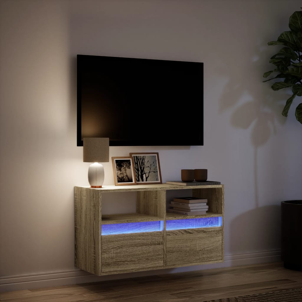 Mobile TV a Parete con Luci LED Rovere Sonoma 80x31x45 cm - homemem39