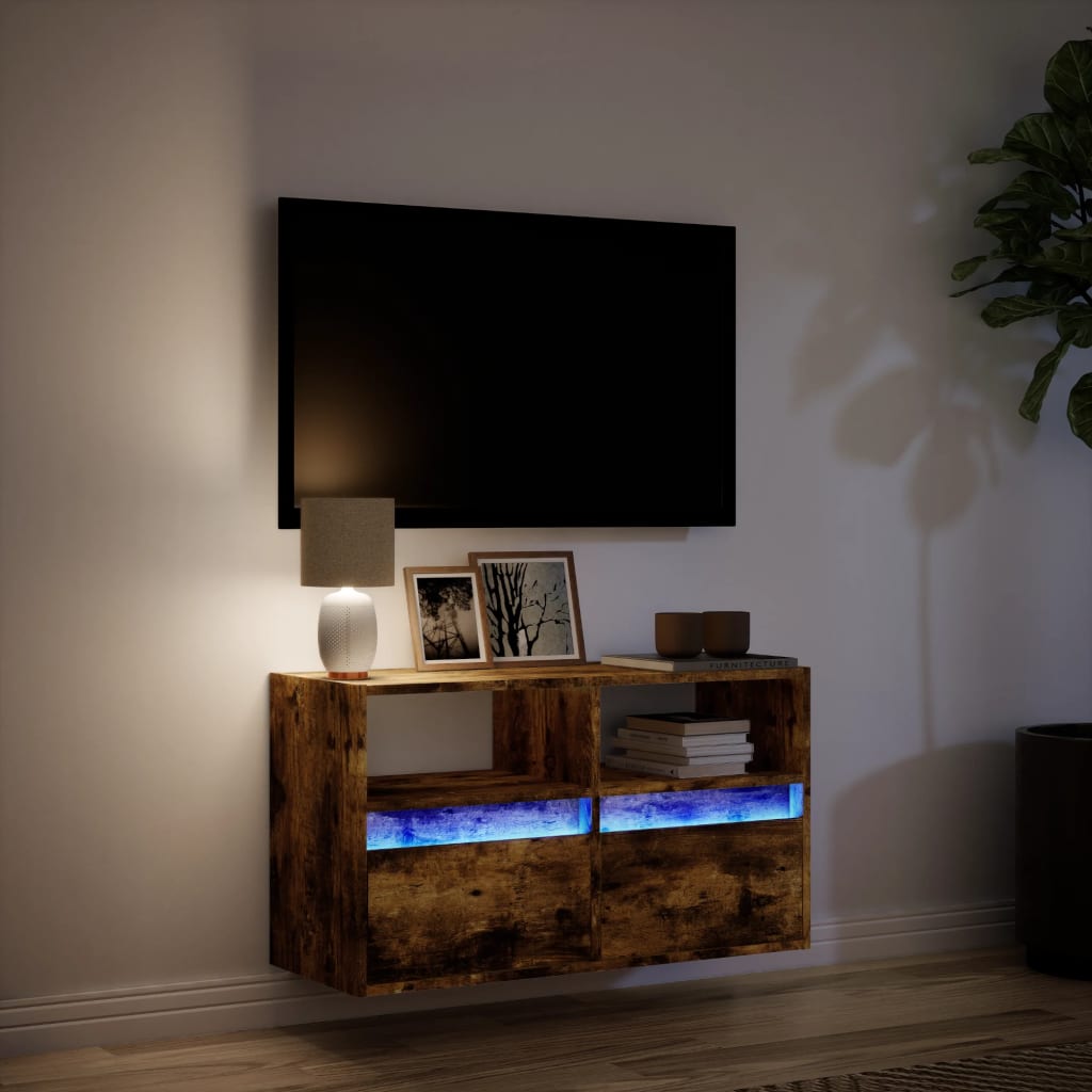 Mobile TV a Parete con Luci LED Rovere Fumo 80x31x45 cm | homemem39