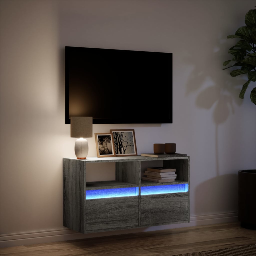 Mobile TV a Parete con Luci LED Grigio Sonoma 80x31x45 cm | homemem39
