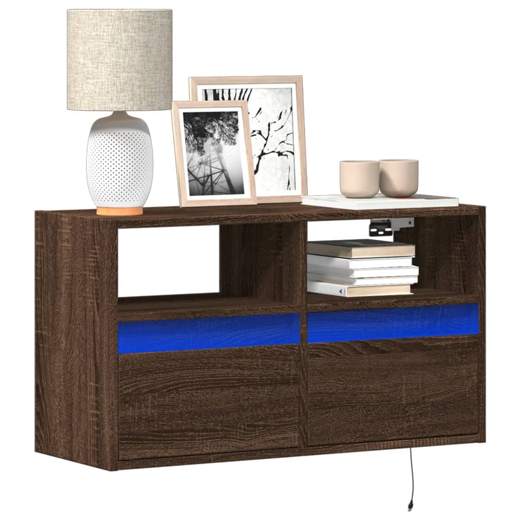 Mobile TV a Parete con Luci LED Rovere Marrone 80x31x45 cm