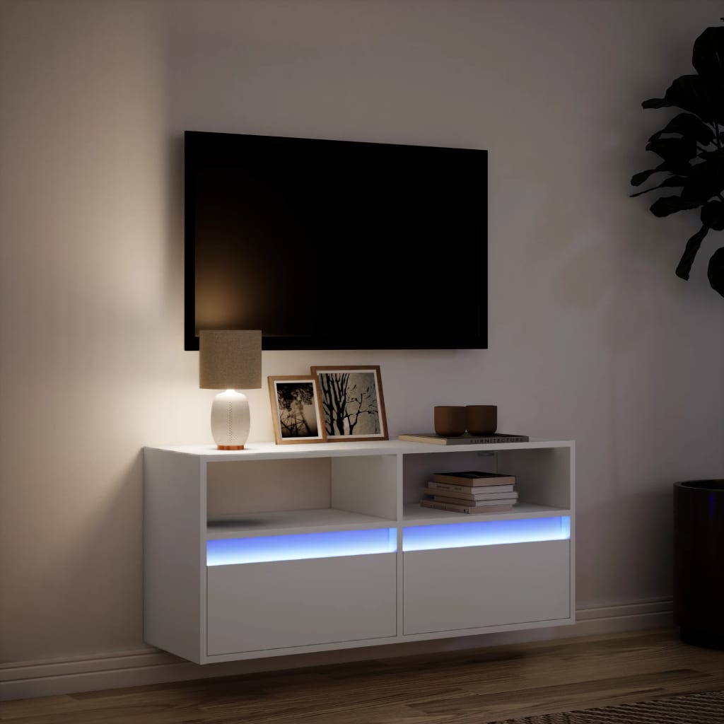 Mobile TV a Parete con Luci LED Bianco 100x31x45 cm - homemem39