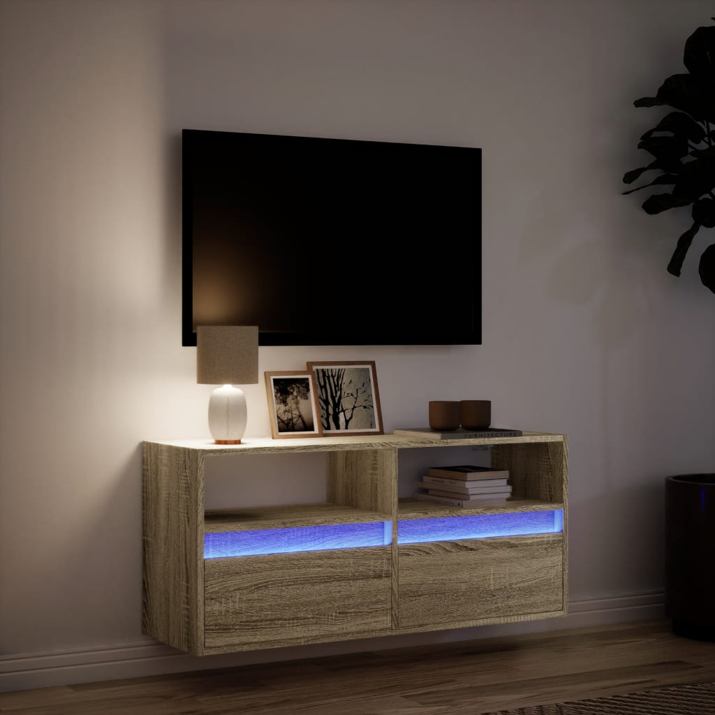 Mobile TV a Parete con Luci LED Rovere Sonoma 100x31x45 cm - homemem39