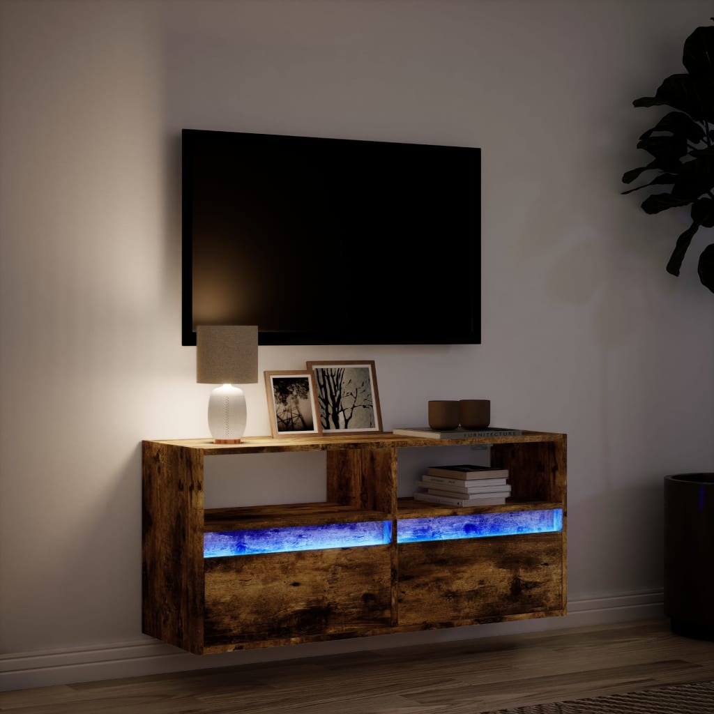 Mobile TV a Parete con Luci LED Rovere Fumo 100x31x45 cm - homemem39