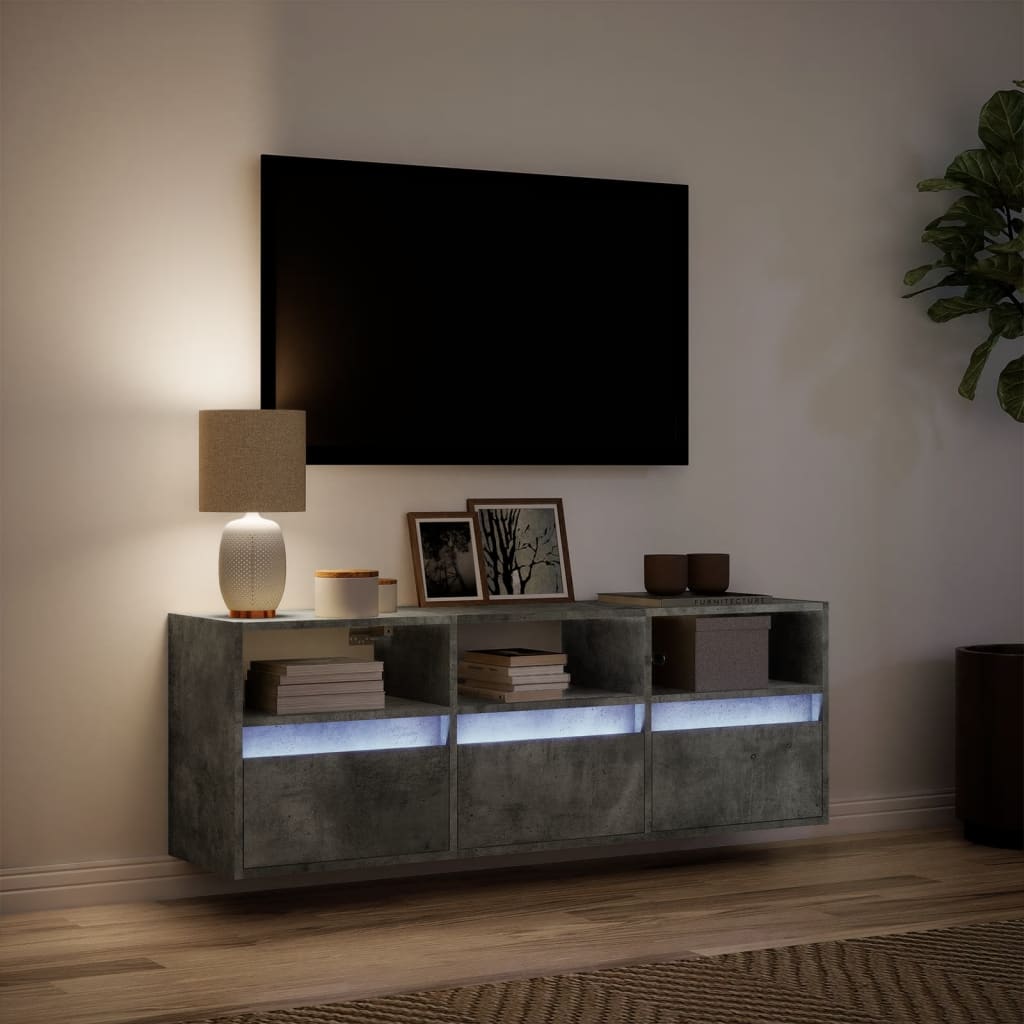 Mobile TV a Parete con Luci LED Grigio Cemento 130x31x45 cm - homemem39
