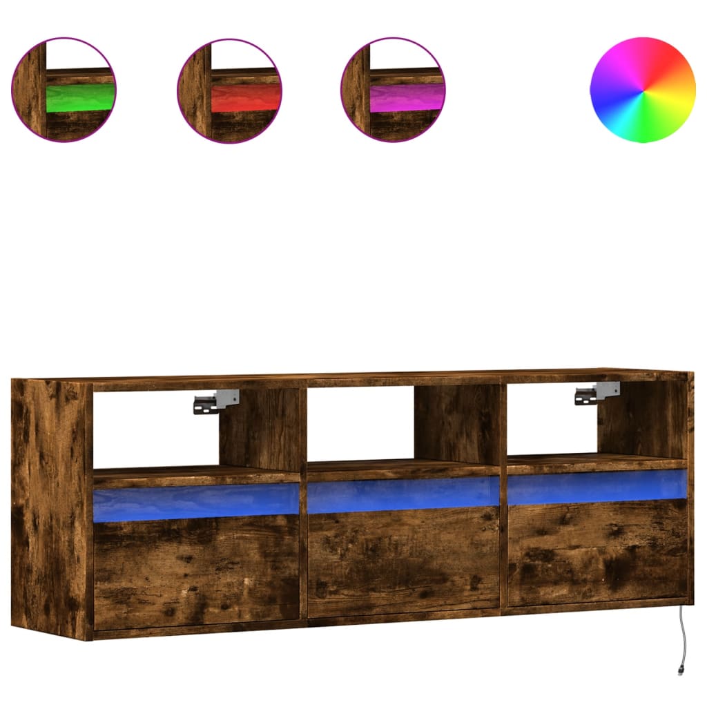 Mobile TV a Parete con Luci LED Rovere Fumo 130x31x45 cm - homemem39