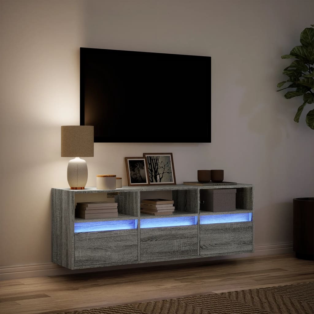 Mobile TV a Parete con Luci LED Grigio Sonoma 130x31x45 cm - homemem39
