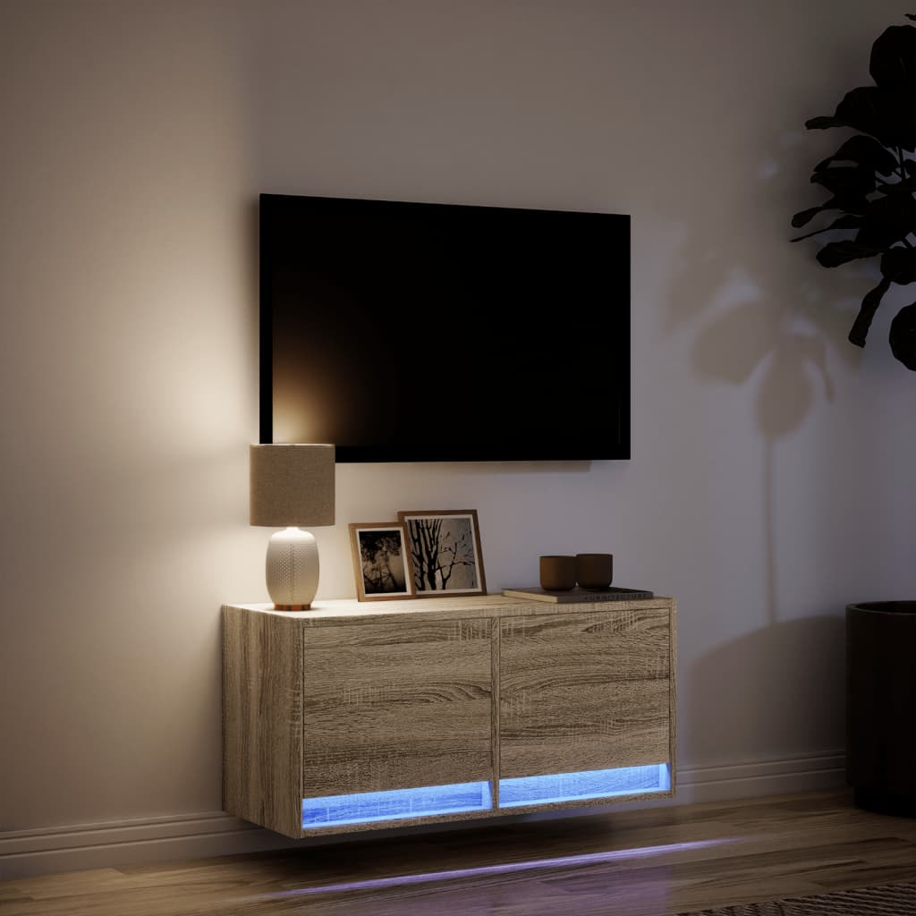 Mobile TV a Parete con Luci LED Rovere Sonoma 80x31x35 cm - homemem39