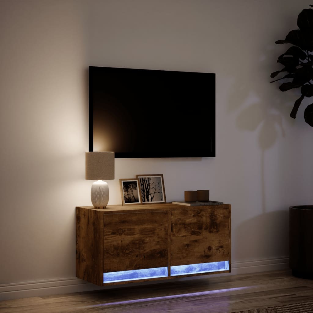 Mobile TV a Parete con Luci LED Rovere Fumo 80x31x35 cm - homemem39