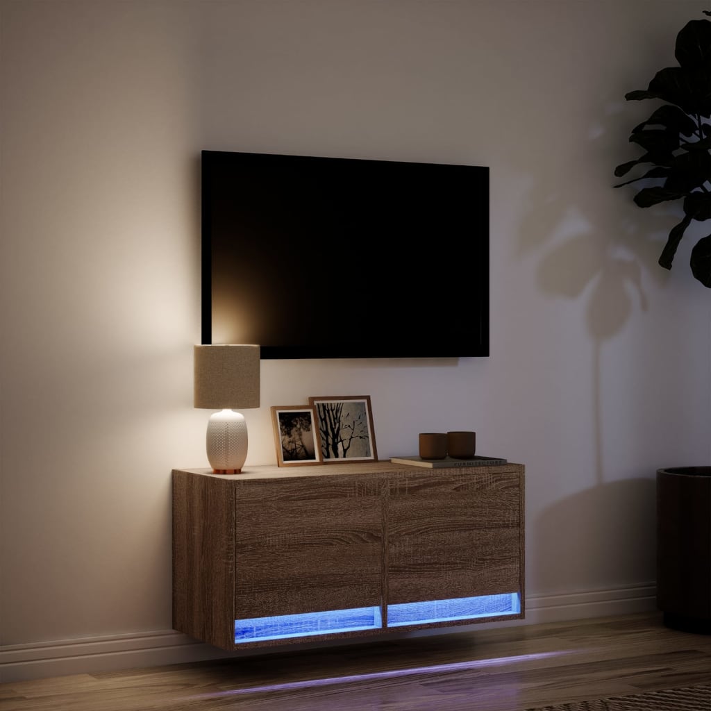 Mobile TV a Parete con Luci LED Rovere Marrone 80x31x35 cm - homemem39