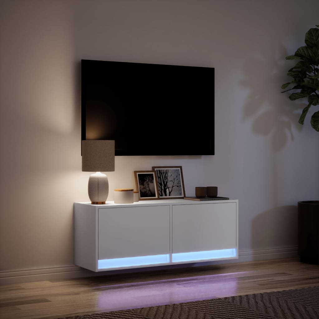 Mobile TV a Parete con Luci LED Bianco 100x31x35 cm - homemem39