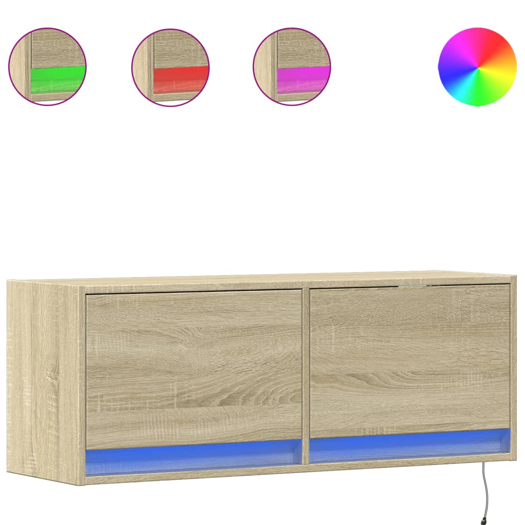Mobile TV a Parete con Luci LED Rovere Sonoma 100x31x35 cm - homemem39