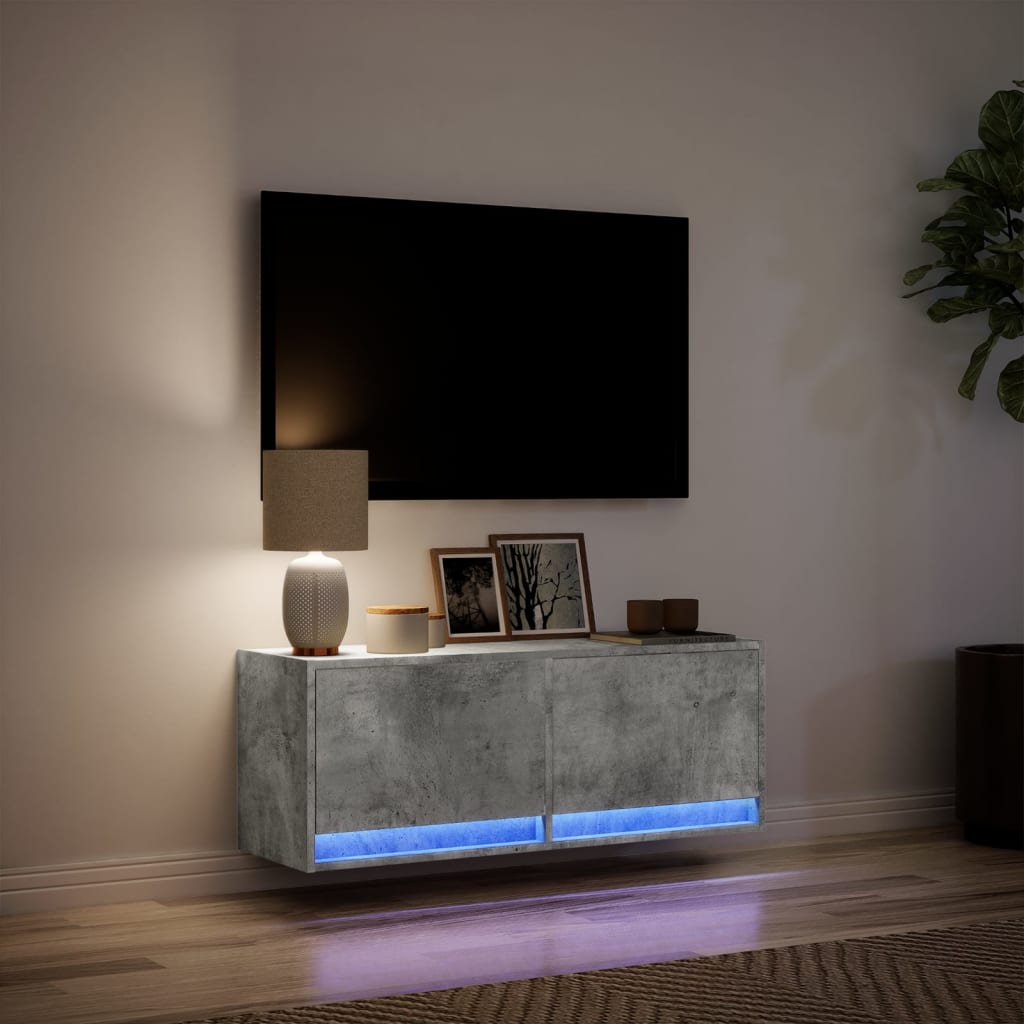 Mobile TV a Parete con Luci LED Grigio Cemento 100x31x35 cm - homemem39