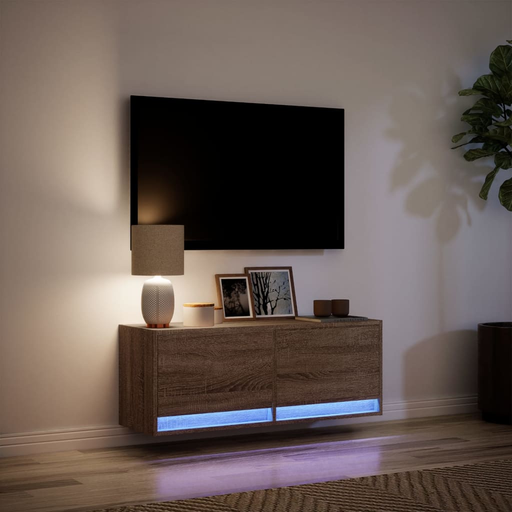 Mobile TV a Parete con Luci LED Rovere Marrone 100x31x35 cm - homemem39