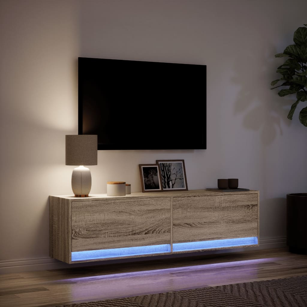 Mobile TV a Parete con Luci LED Rovere Sonoma 140x31x38 cm - homemem39
