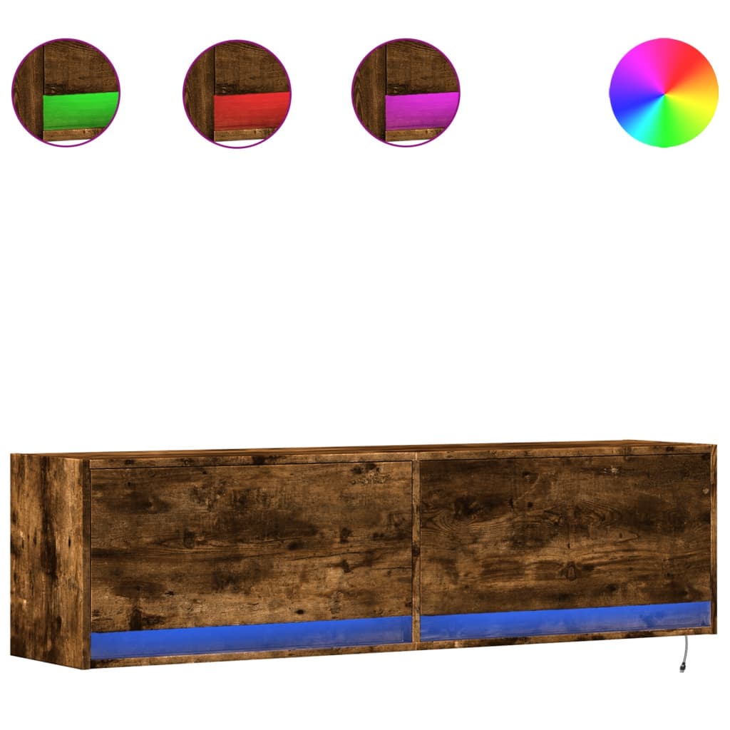Mobile TV a Parete con Luci LED Rovere Fumo 140x31x38 cm - homemem39