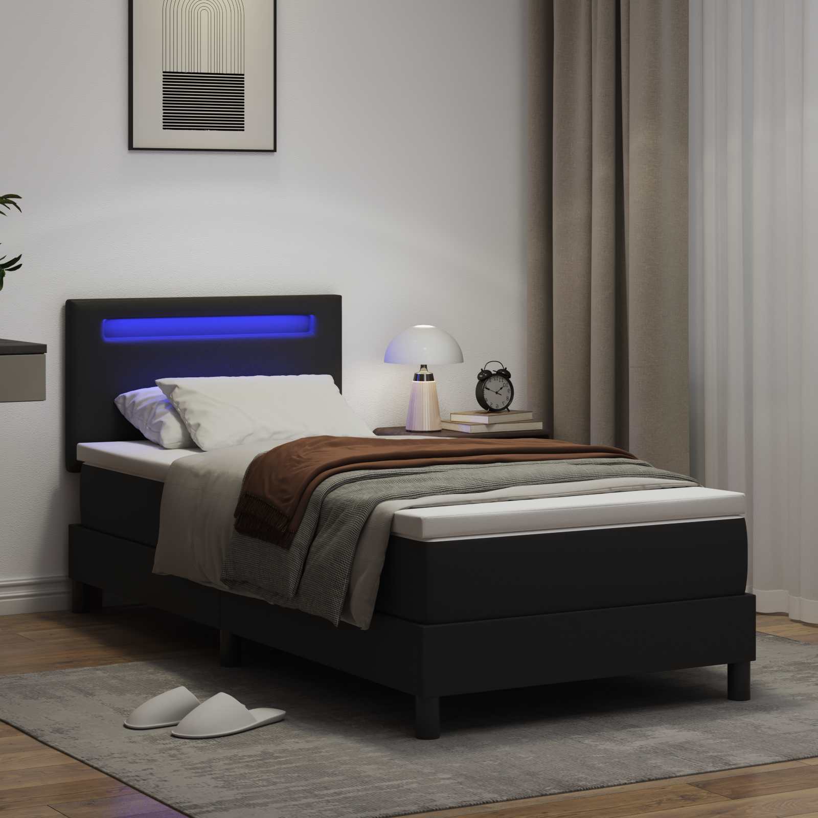 Letto a molle con strisce LED Nero 90 x 190 cm Pelle sintetica | homemem39