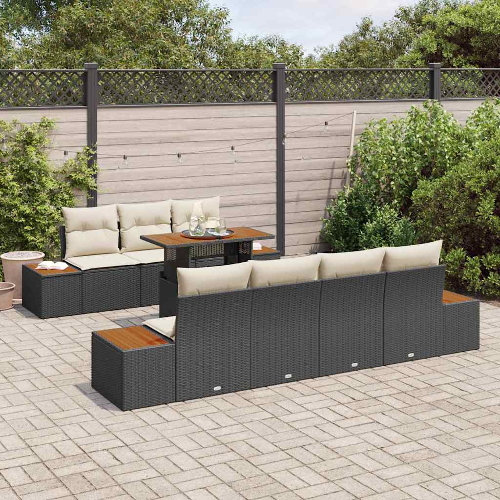 Set Divano da Giardino con cuscino 8 pcs Nero Poly Rattan | homemem39