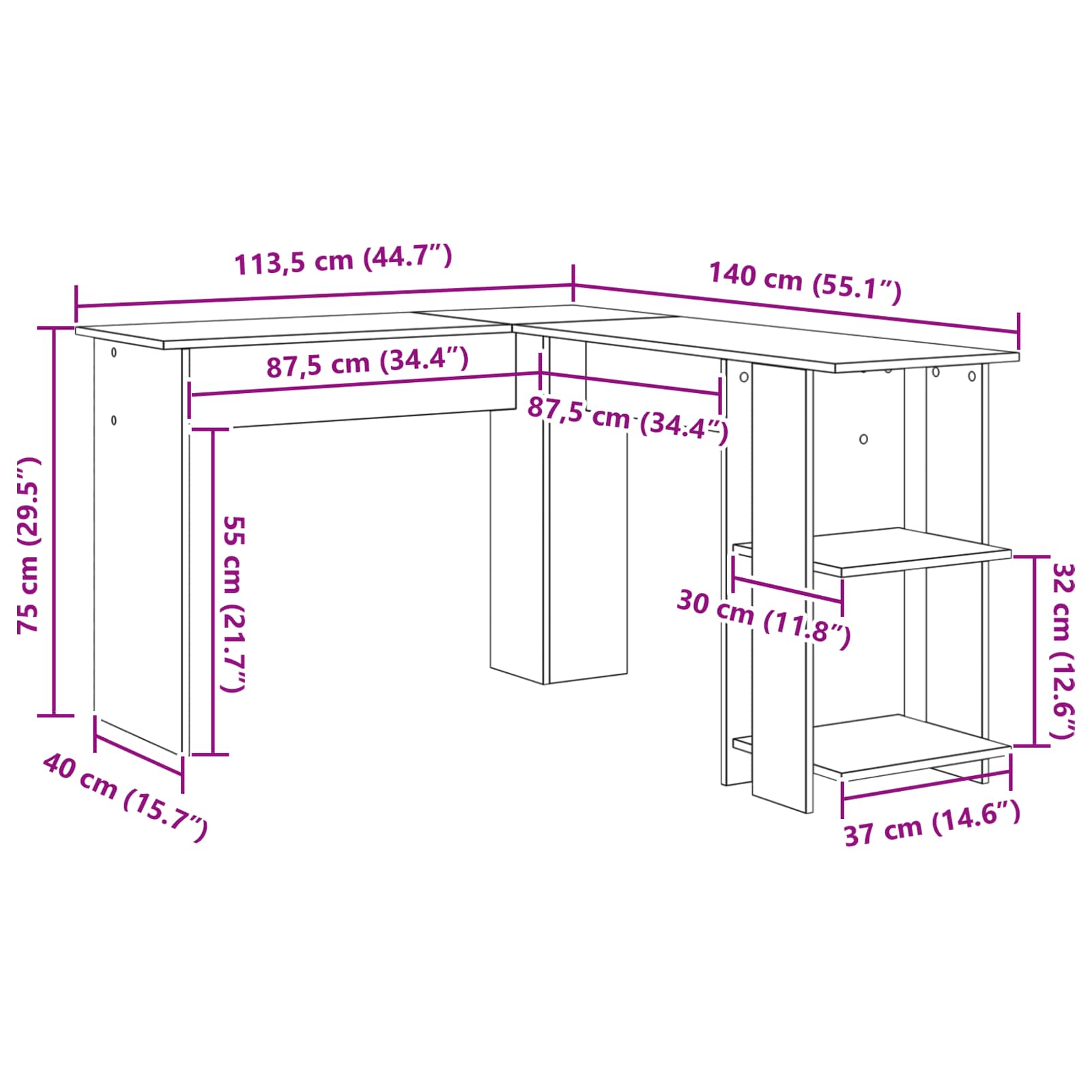 Scrivania ad angolo con lo scaffale Bianco 140 x 113,5 x 75 cm | homemem39