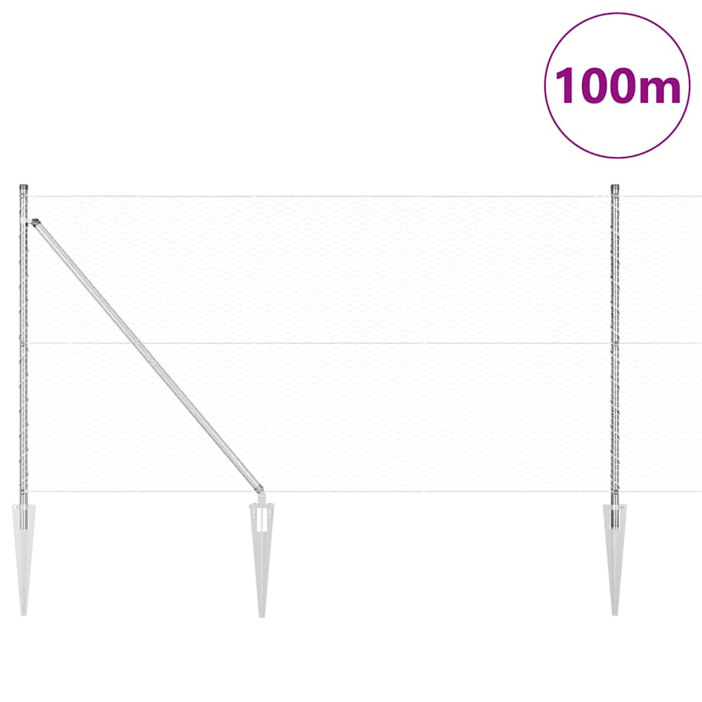 Recinzione con pali. Argento 1 x 100 m Acciaio rivestito in PVC