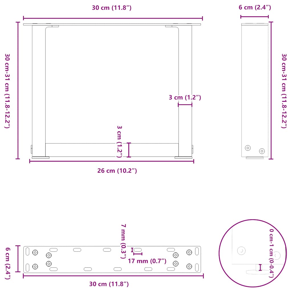 Gambe per Tavolino da Caffè a Forma di U 2 pz Nere 30x(30-31)cm