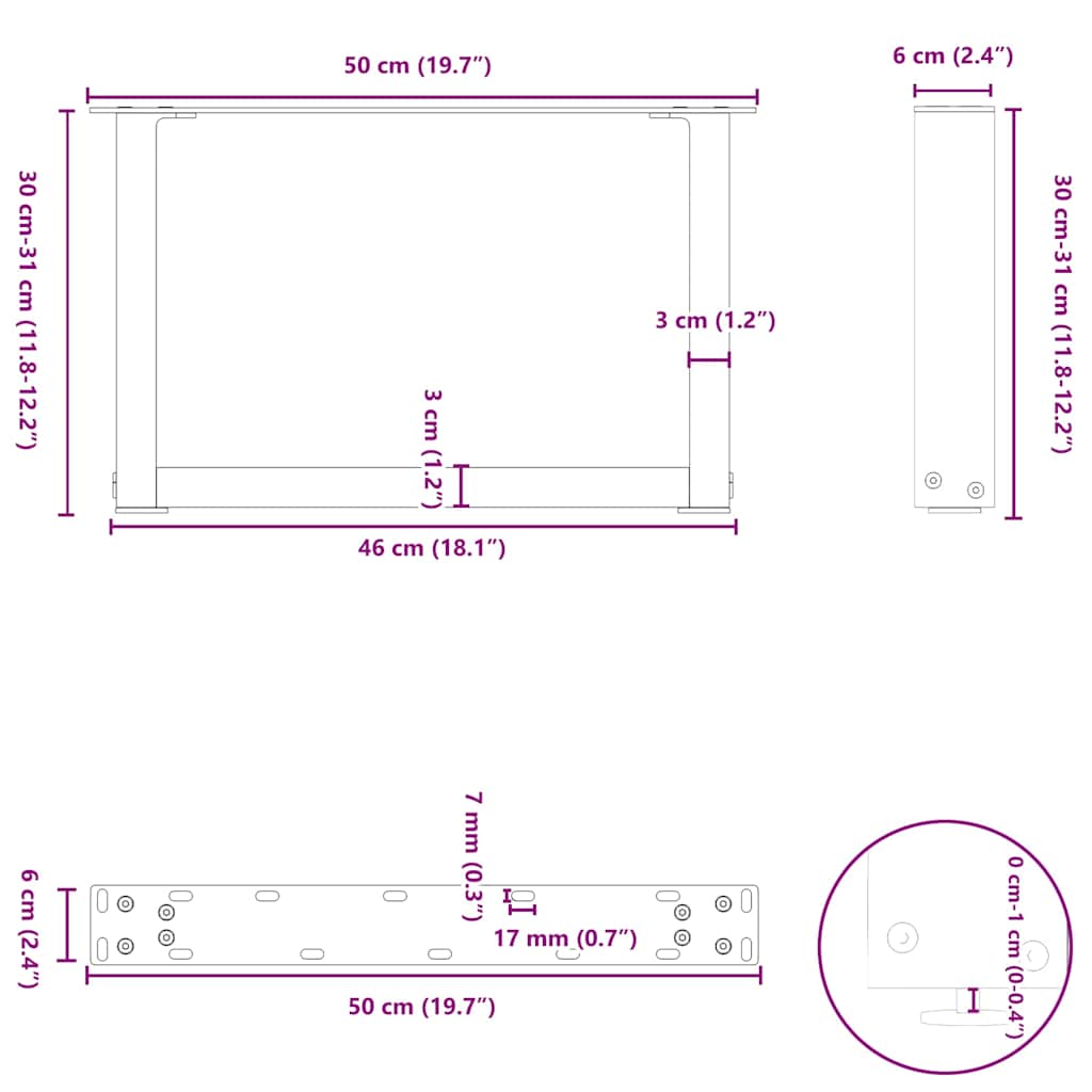 Gambe per Tavolino da Caffè a Forma di U 2 pz Nere 50x(30-31)cm