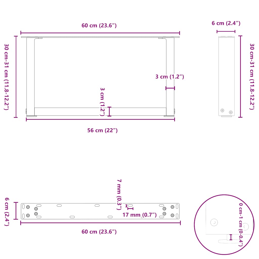 Gambe per Tavolino da Caffè forma U 2 pz Antracite 60x(30-31)cm