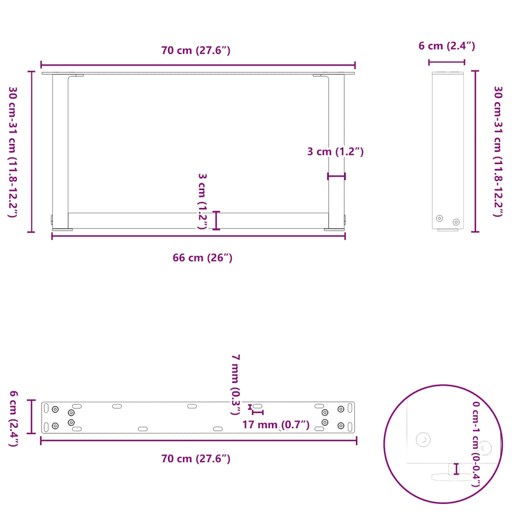 Gambe Tavolino da Caffè a U 2 pz Bianco 70x(30-31)cm in Acciaio - homemem39
