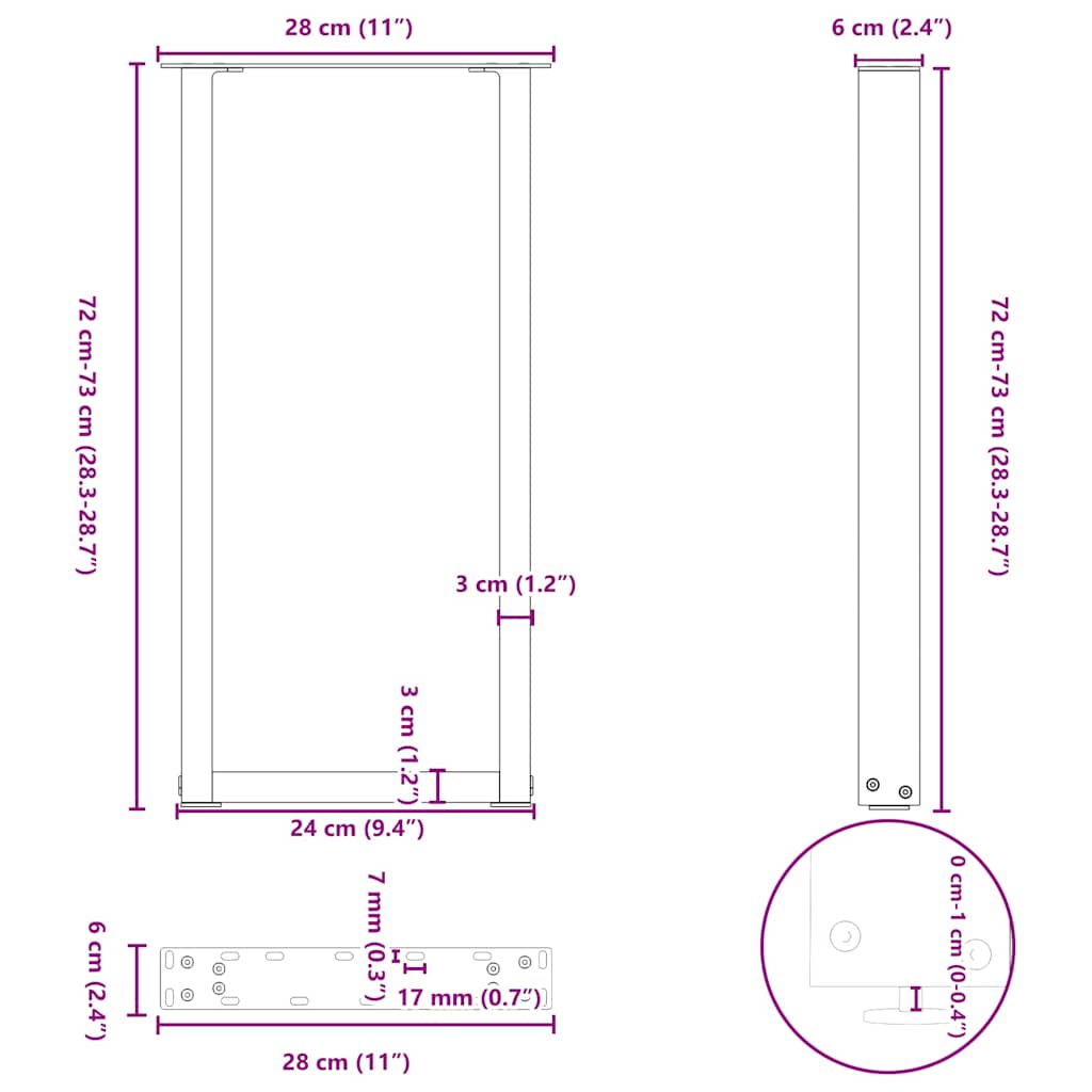 Gambe per Tavolo Consolle a Forma di U 2 pz Nere 28x(72-73) cm