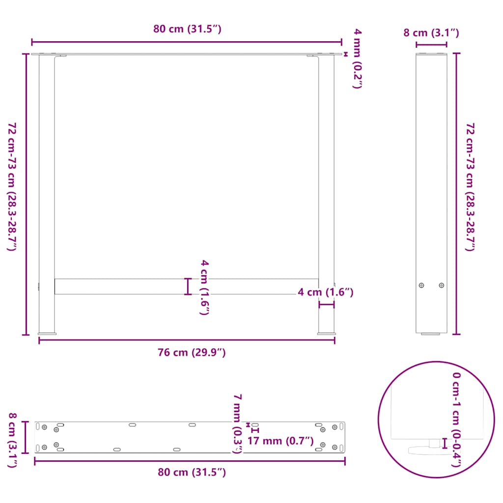 Gambe per tavolo da pranzo nere 2 pz 80x(72-73) cm in acciaio