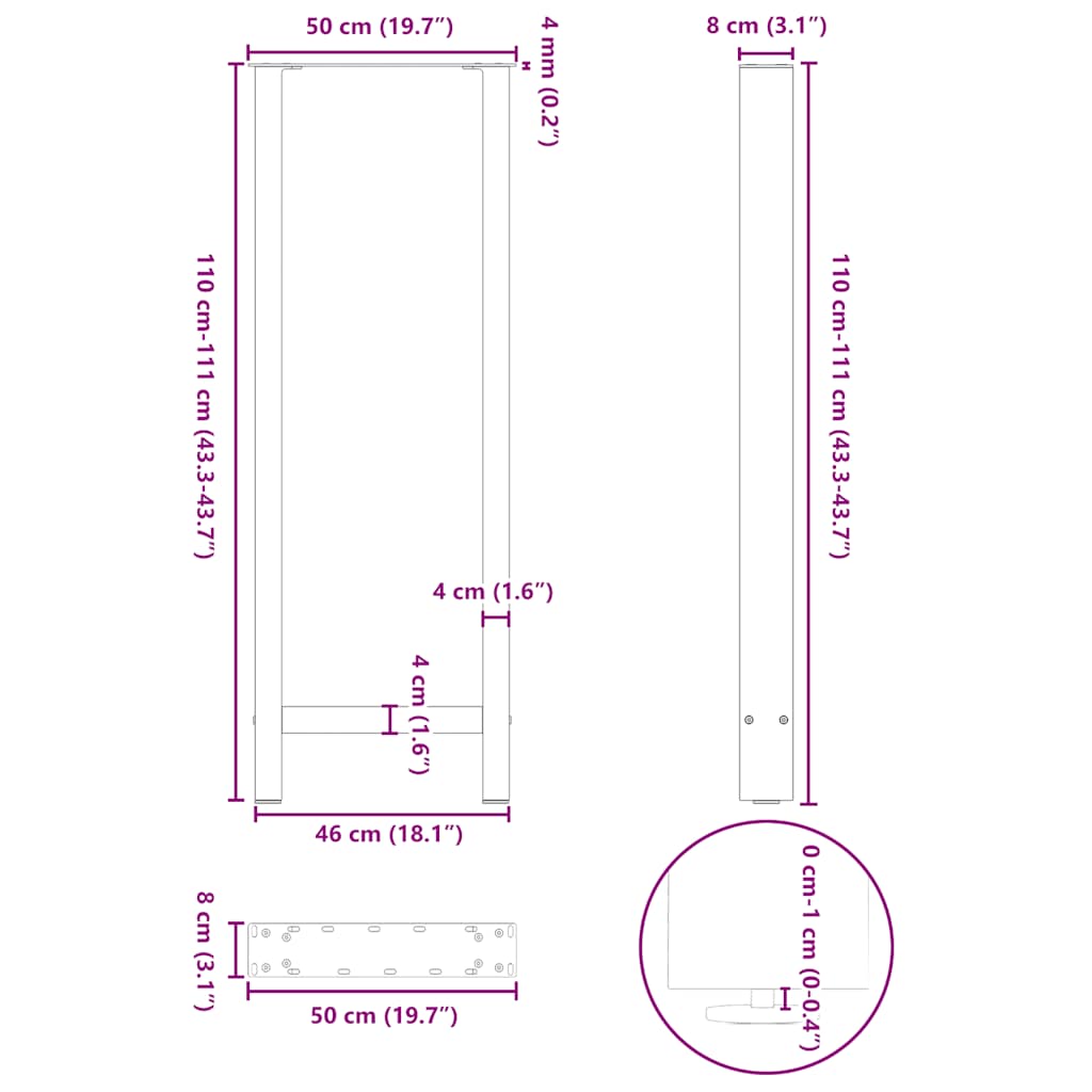 Gambe per Tavolino Nero 2 pz 50x(110-111) cm Acciaio - homemem39